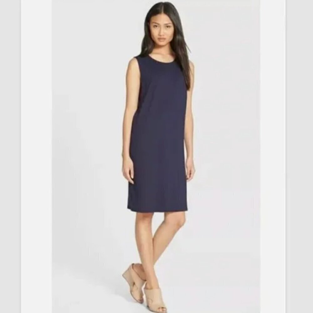Eileen Fisher Faux Wrap Sheath Dress Size L Navy Blue Viscose Jersey Stretch